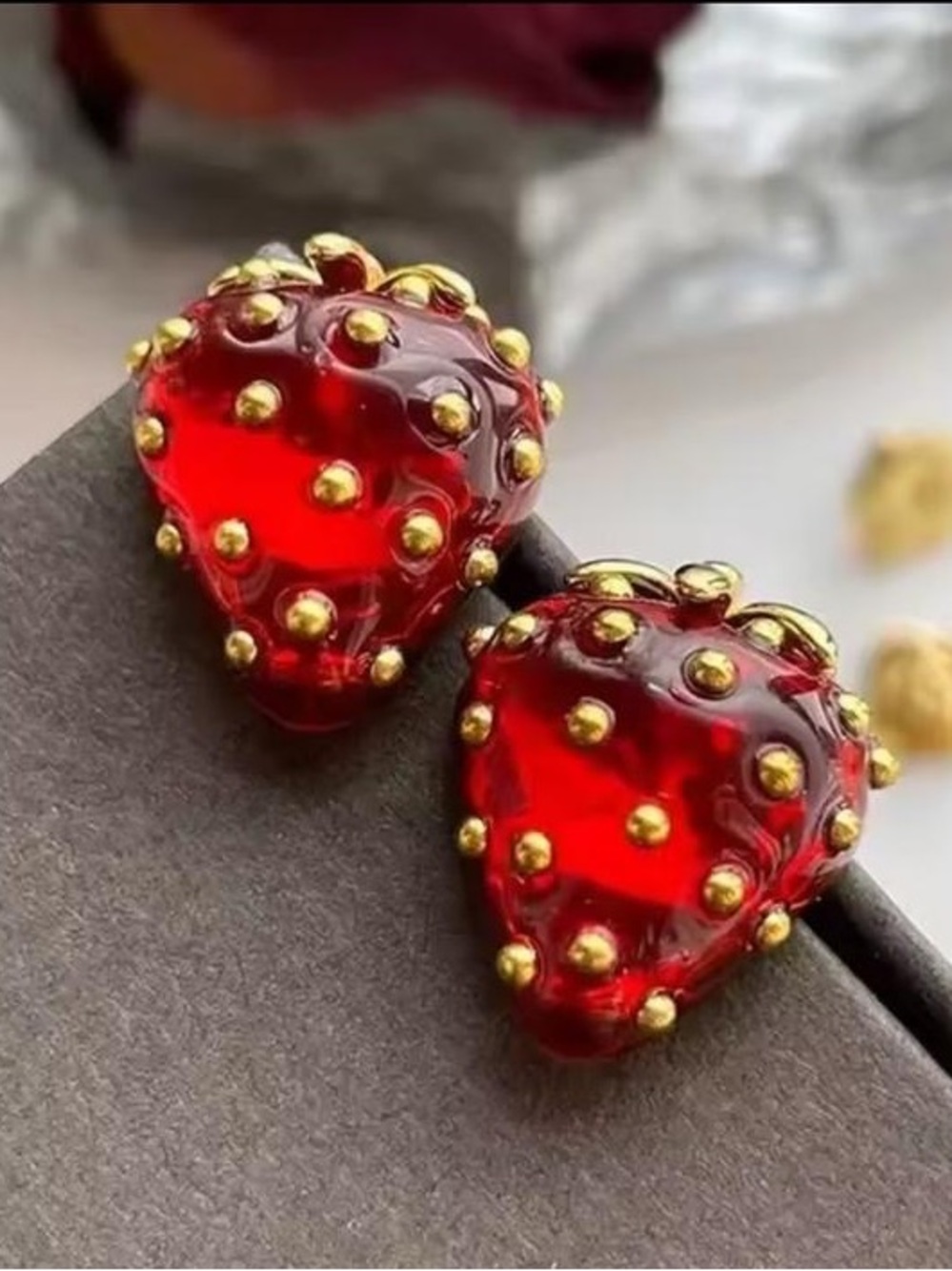 Anthropologie Red Strawberry Glass Stud Earrings with Gold Dots